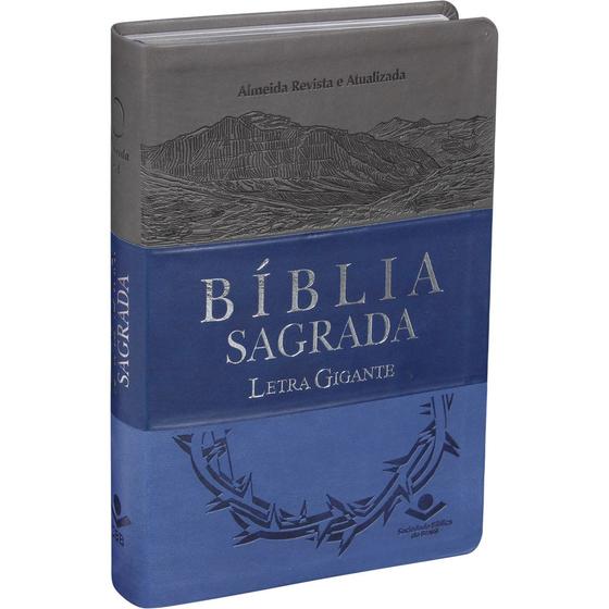 Imagem de Bíblia Sagrada Masculina Letra Gigante Capa Material Sintético Azul e Cinza Linda