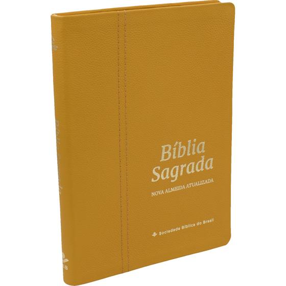 Imagem de Biblia sagrada ultra fina slim letra grande capa couro legitimo versão naa nova almeida atualizada acafrao amarelo