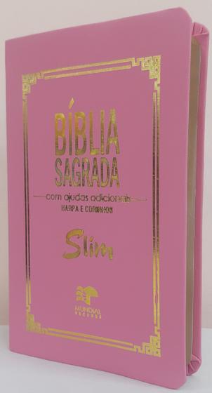 Imagem de Bíblia slim ultrafina com ajudas adicionais e harpa - capa luxo rosa - Mundial Records