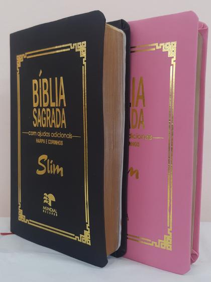 Imagem de Biblia slim ultrafina com ajudas adicionais e harpa para o casal - capa luxo preta + rosa