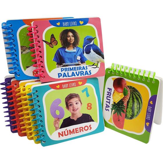 Imagem de Biblioteca do Bebe 8 Livros Cartonados Em Espiral Primeiras Palavras Números Vegetais Frutas Animais Veículos e Objetos