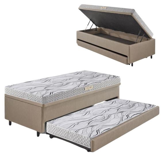 Imagem de Bicama Box Baú 88x188 material sintético Linho Bege com Colchão de Espuma Ecoline D20 Ecoflex