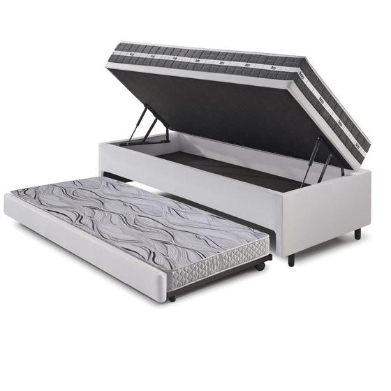 Imagem de Bicama Box Baú 88x188 Tecido em Revestimento Sintético Linho Branco com Colchão Black Graphite Molas Ensacadas Anjos
