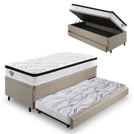 Imagem de Bicama Box Baú Linho Bege 88x188 com Colchão Molas Ensacadas Cama inHouse Ecoflex