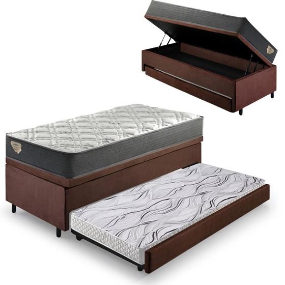 Imagem de Bicama Box Baú Viúva 120x203 Suede Marrom com Colchão Adapto Molas Ensacadas Ecoflex