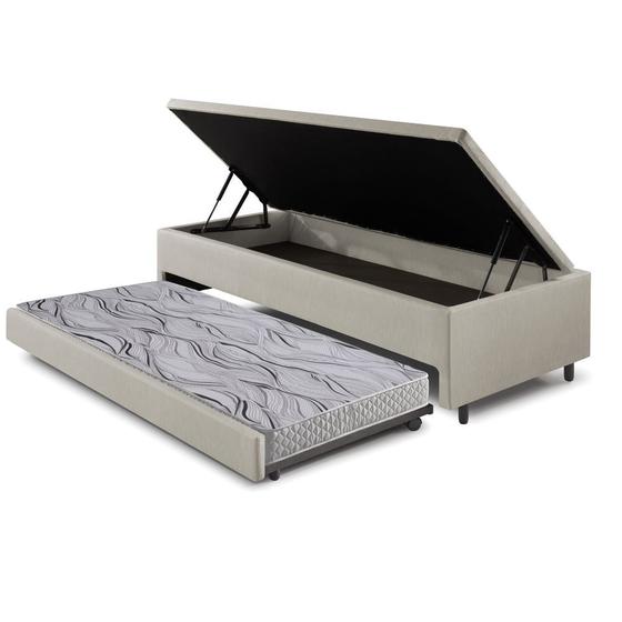 Imagem de Bicama Box com Baú Solteiro Tecido Sintético Linho Areia 88x188 com Colchão Auxiliar Ecoflex