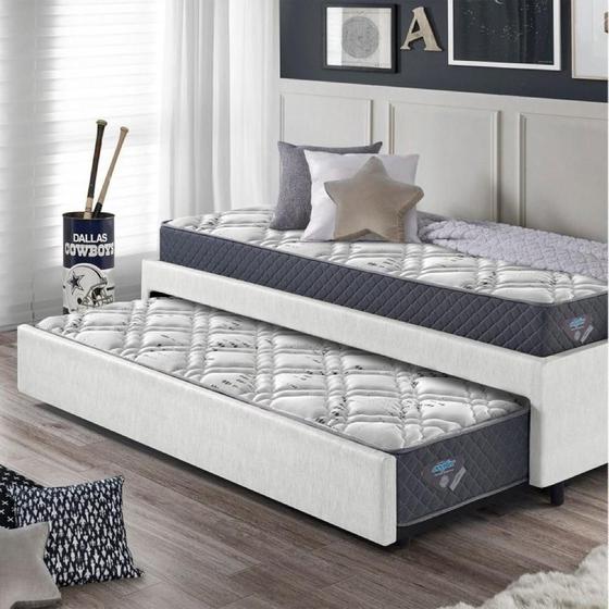 Imagem de Bicama Box Solteiro 88x188 material sintético Com Dois Colchões Adapto Molas Ensacadas Ecoflex Branco/Cinza
