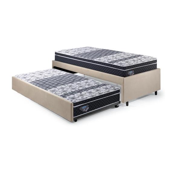 Imagem de Bicama Box Solteiro 88x188 Suede Bege com Dois Colchões Gransleep Molas Verticoil Ecoflex