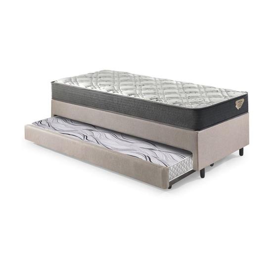 Imagem de Bicama Box Solteiro Linho Bege 88x188x28 cm com Colchão Adapto Molas Ensacadas e Colchão Auxiliar Ecoflex