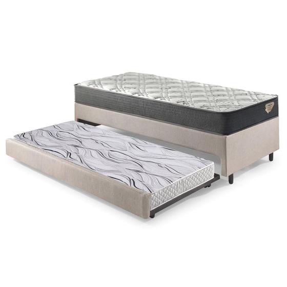 Imagem de Bicama Box Solteiro Linho Bege 96x203x28 cm com Colchão Adapto Molas Ensacadas e Colchão Auxiliar Ecoflex