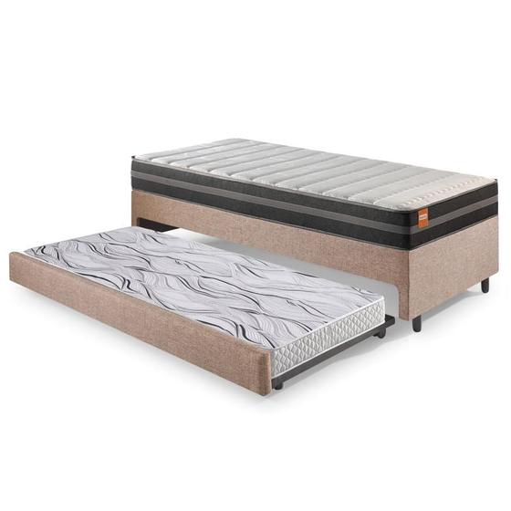 Imagem de Bicama Box Solteiro Linho Marrom 88x188x28 cm com Colchão Bogota Molas Ultralastic Inducol e Colchão Auxiliar Ecoflex