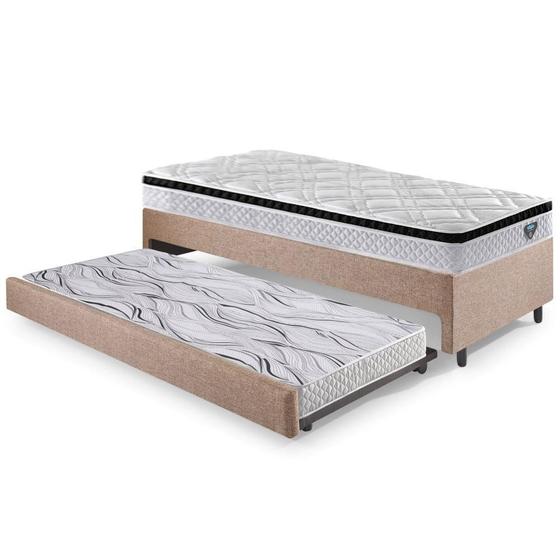 Imagem de Bicama Box Solteiro Linho Marrom 88x188x28 cm com Colchão Cama inHouse Molas Ensacadas e Colchão Auxiliar Ecoflex