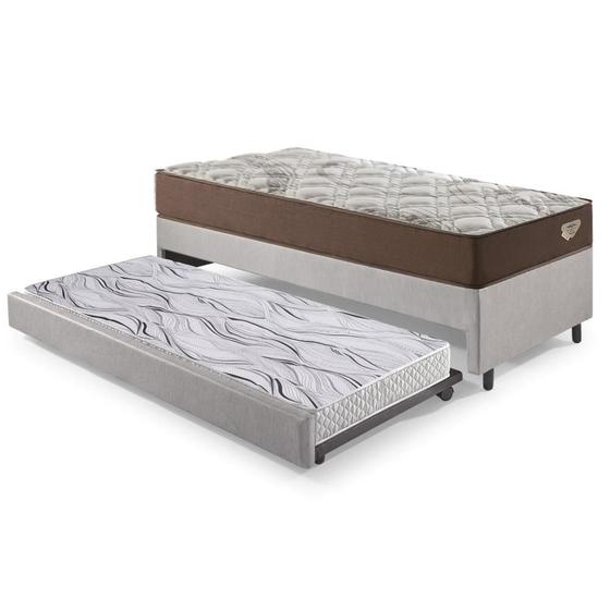 Imagem de Bicama Box Solteiro material sintético Linho Cinza 88x188x28 cm com Colchão Relax Adorabile Molas Ensacadas e Colchão Auxiliar Ecoflex