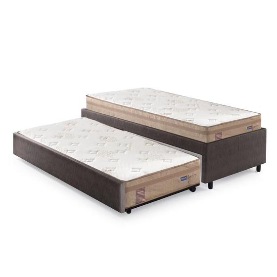 Imagem de Bicama Box Solteiro material sintético Linho Marrom 88x188 com Dois Colchões Molas Ensacadas Berlim Bege Probel
