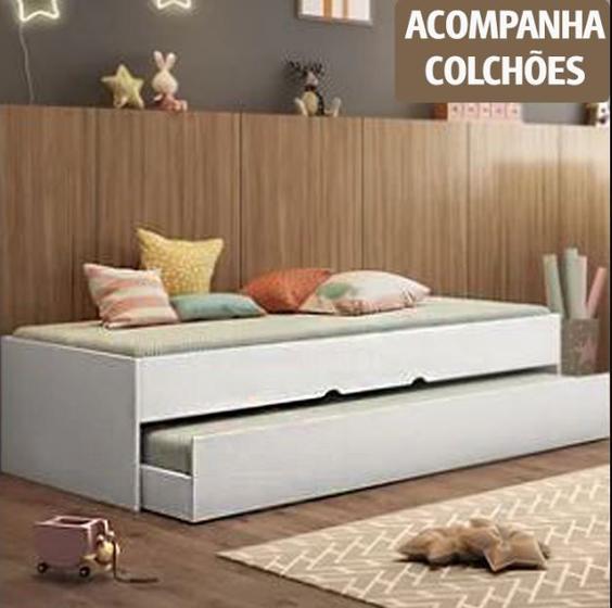 Imagem de Bicama Chiara com Colchões D20 -  Cama Juvenil e Cama Auxiliar de Solteiro Branca - ART HOME