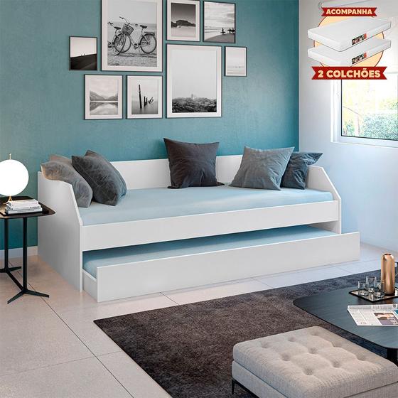 Imagem de Bicama Solteiro Duo com Cama Auxiliar em Mdf Premium Branco com 2 Colchões