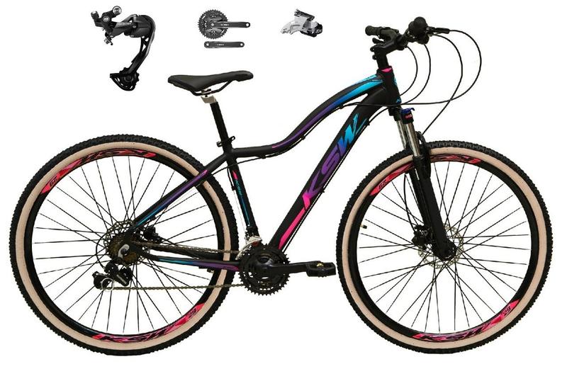 Imagem de Bicicleta 29 Ksw Mwza Feminina Alumínio Câmbio Shimano Alívio e Altus 27v Freio Hidráulico Garfo Com Trava Pneu com Faixa Bege - Preto/Pink/Azul