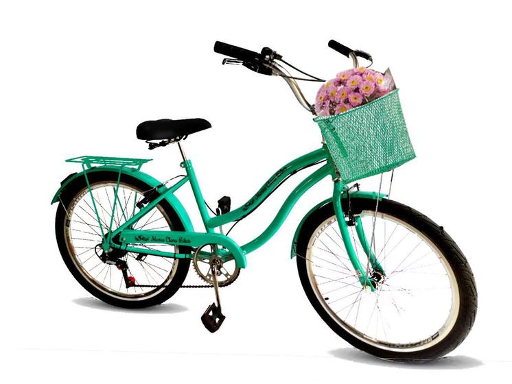 Imagem de Bicicleta aro 24 retrô  passeio cesta 6 marchas verde agua