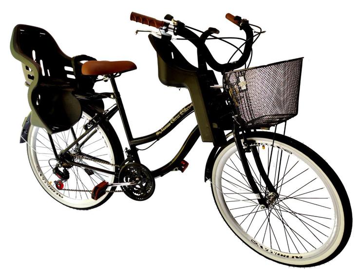 Imagem de Bicicleta aro 26 com 2 cadeirinhas 18 marchas cesta Preto