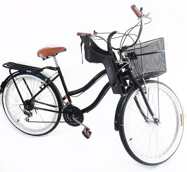 Imagem de Bicicleta Aro 26 Retrô 18v Cadeirinha Infantil Preta Frontal