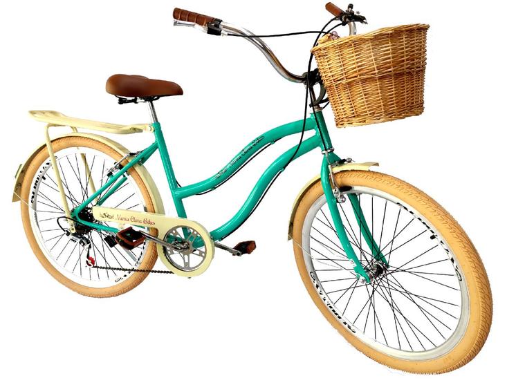 Imagem de Bicicleta aro 26 retrô 6v com cesta de vime bagageiro Verde
