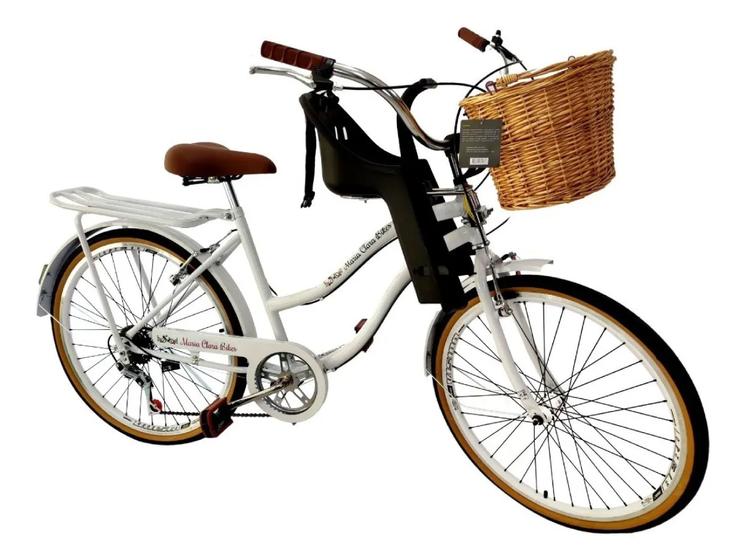 Imagem de Bicicleta Aro 26 Retrô Vintage Cesta Vime Cadeirinha Branco