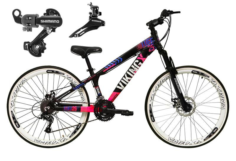 Imagem de Bicicleta Aro 26 Vikingx Tuff 21v Alumínio Câmbio Shimano Freio a Disco Aros Vmaxx Brancos - Preto/Rosa