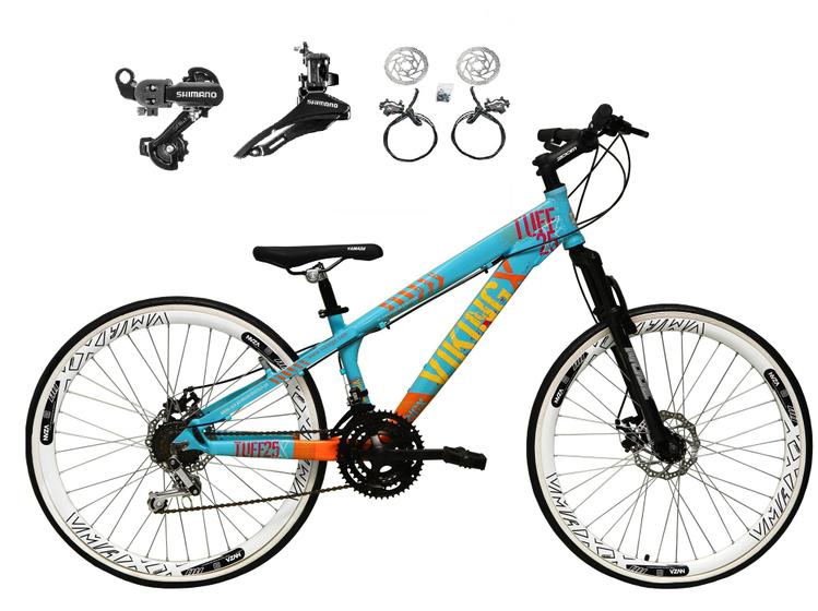 Imagem de Bicicleta Aro 26 Vikingx Tuff Azul/Laranja 21v Alumínio Câmbios Shimano Freio a Disco Hidráulicos Aros Vmaxx Brancos