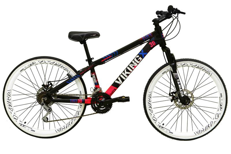 Imagem de Bicicleta Aro 26 Vikingx Tuff Preto/Rosa 21v Alumínio Câmbios Shimano Freio a Disco Hidráulicos Aros Vmaxx Branco