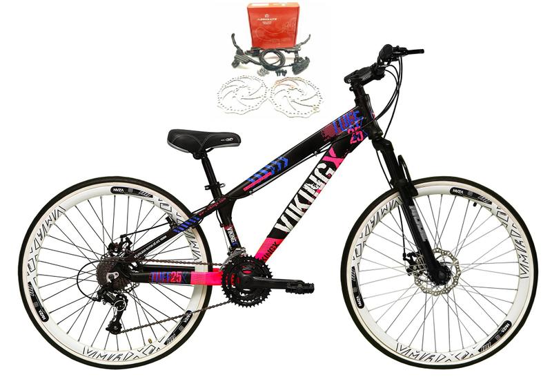 Imagem de Bicicleta Aro 26 Vikingx Tuff Preto/Rosa 21v Alumínio Freio Hidráulico a Disco Aros Vmaxx Brancos