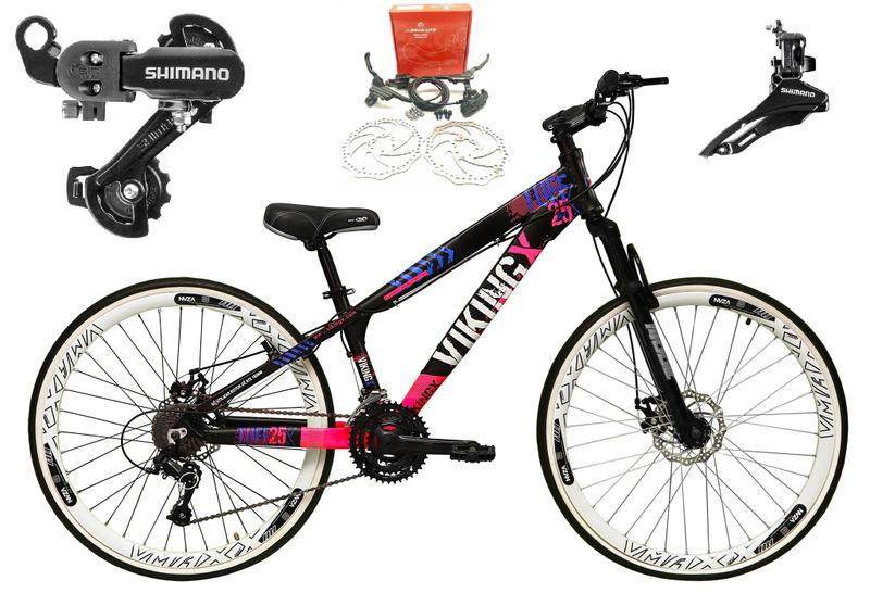 Imagem de Bicicleta Aro 26 Vikingx Tuff Preto/Rosa X25 21v Alumínio Câmbios Shimano Freio a Disco Hidráulicos Aros Vmaxx Brancos