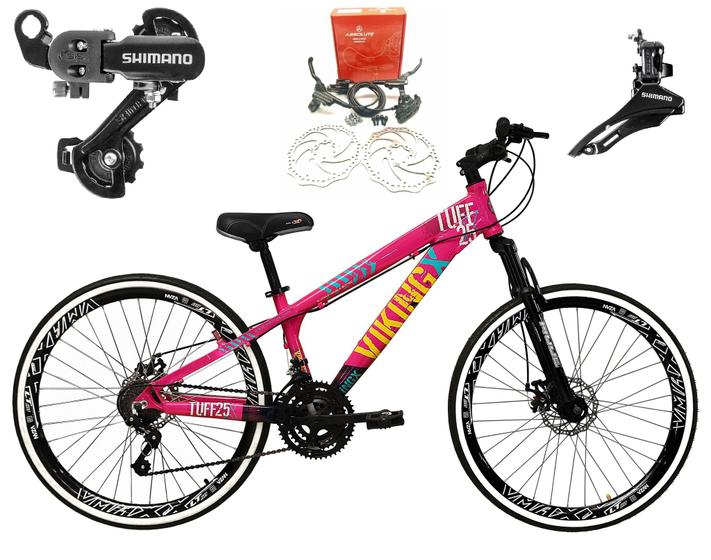 Imagem de Bicicleta Aro 26 Vikingx Tuff Rosa/Azul 21v Alumínio Câmbios Shimano Freio a Disco Hidráulicos Aros Vmaxx Preto