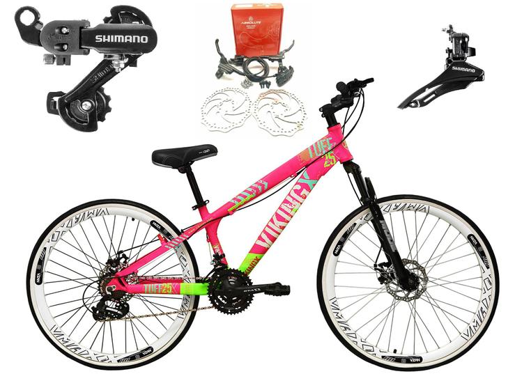 Imagem de Bicicleta Aro 26 Vikingx Tuff Rosa/Verde 21v Alumínio Câmbios Shimano Freio a Disco Hidráulicos Aros Vmaxx Branco