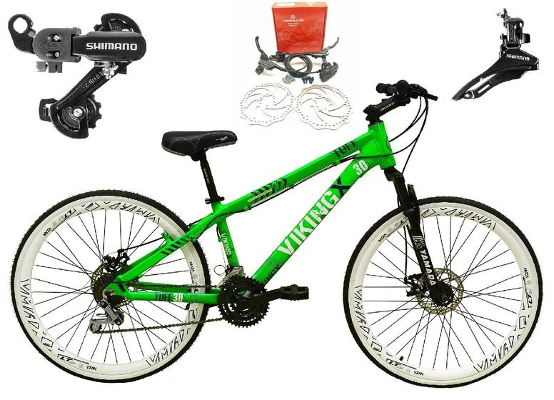 Imagem de Bicicleta Aro 26 Vikingx Tuff Verde X30 21v Alumínio Câmbios Shimano Freio a Disco Hidráulicos Aros Vmaxx Brancos