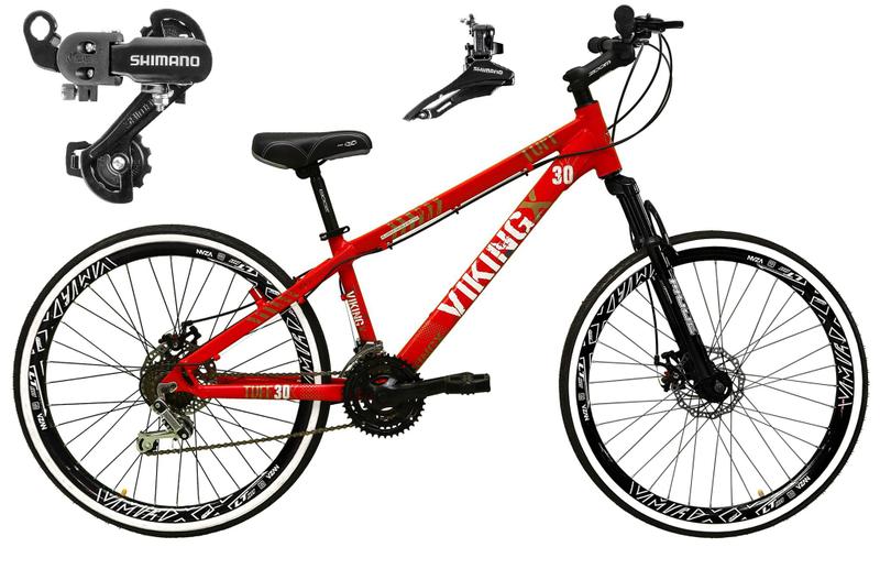 Imagem de Bicicleta Aro 26 Vikingx Tuff Vermelha 21v Alumínio Câmbio Shimano Freio a Disco Aros Vmaxx Preto