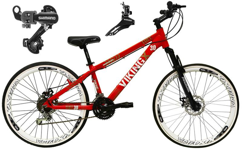 Imagem de Bicicleta Aro 26 Vikingx Tuff Vermelho 21v Alumínio Câmbio Shimano Freio a Disco Aros Vmaxx Brancos