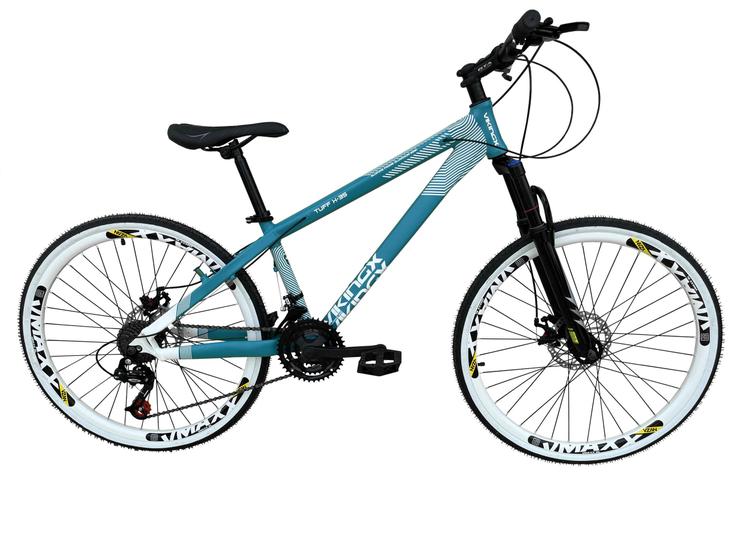 Imagem de Bicicleta Aro 26 Vikingx Tuff X-35 Azul Tiffany 21v Cabeamento Interno Alumínio Freeride Dh Freio a Disco Aros Vmaxx Brancos