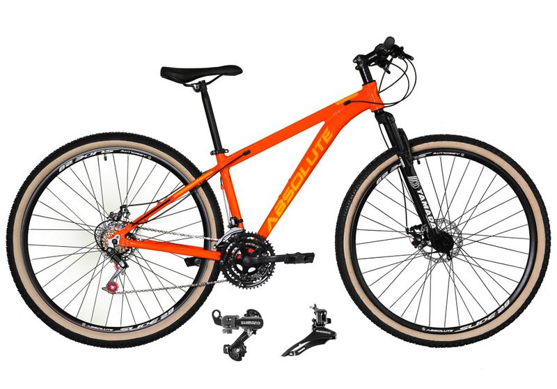 Imagem de Bicicleta Aro 29 Absolute Nero 4 Cabeamento Interno 24v Câmbios Shimano Garfo Suspensão Pneus Faixa Bege - Laranja