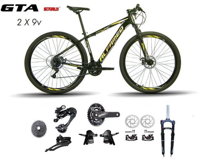 Imagem de Bicicleta Aro 29 Alfameq AFX Kit 2x9 Gta Sunrun Freio Disco K7 11/36 Pedivela 24/38d Garfo com Trava - Preto/Amarelo