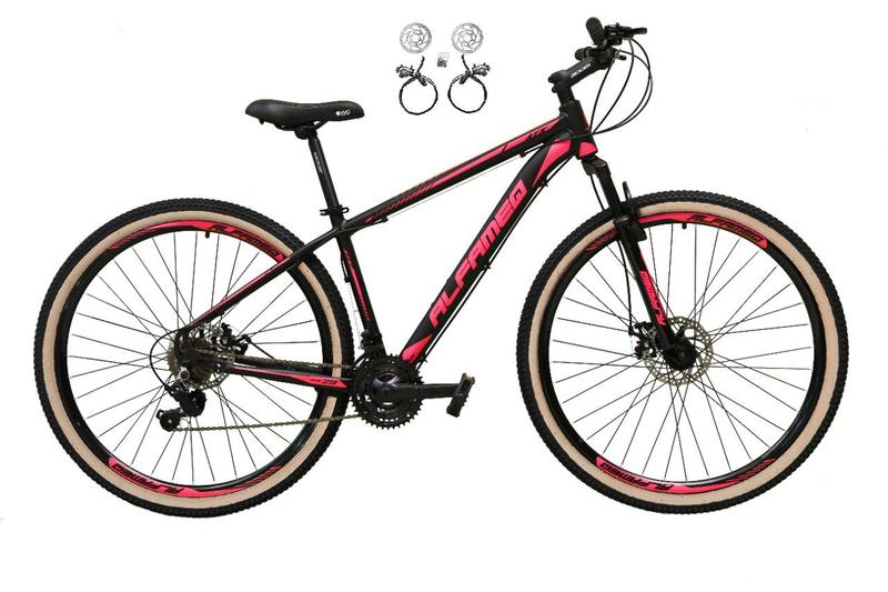 Imagem de Bicicleta Aro 29 Alfameq Atx 24v Freios a Disco Hidráulicos Garfo Suspensão Pneu com Faixa Bege - Preto/Rosa