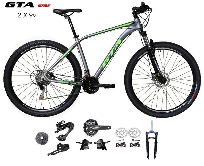 Imagem de  Bicicleta Aro 29 GTA Insane Kit 2x9 Gta Sunrun Freio Disco K7 11/36 Pedivela 24/38d Garfo com Trava - Cinza/Verde