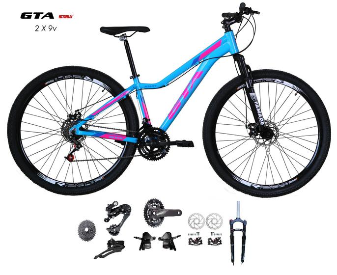 Imagem de Bicicleta Aro 29 GTA Start Feminina Kit 2x9 Gta Sunrun Freio Disco K7 11/36 Pedivela 24/38d Garfo com Trava - Azul/Rosa