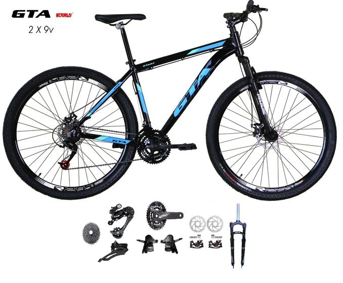 Imagem de  Bicicleta Aro 29 GTA Start Kit 2x9 Gta Sunrun Freio Disco K7 11/36 Pedivela 24/38d Garfo com Trava - Preto/Azul