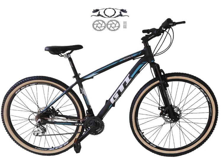 Imagem de Bicicleta Aro 29 Gti Roma 21v Freio a Disco Hidráulico Alumínio Garfo Suspensão com Pneu Faixa Bege - Preto/Azul