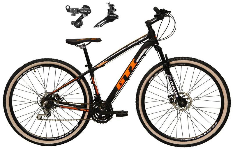 Imagem de Bicicleta Aro 29 Gti Roma Alumínio 21v Câmbios Shimano Freio a Disco com Pneu Faixa Bege - Preto/Laranja