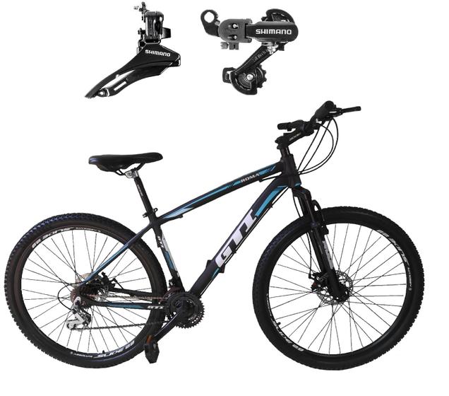 Imagem de Bicicleta Aro 29 Gti Roma Alumínio 24v Câmbios Shimano Garfo Suspensão - Preto/Azul