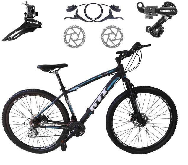 Imagem de Bicicleta Aro 29 Gti Roma Alumínio Câmbios Shimano 21v Freios a Disco Hidráulicos Garfo Suspensão - Preto/Azul