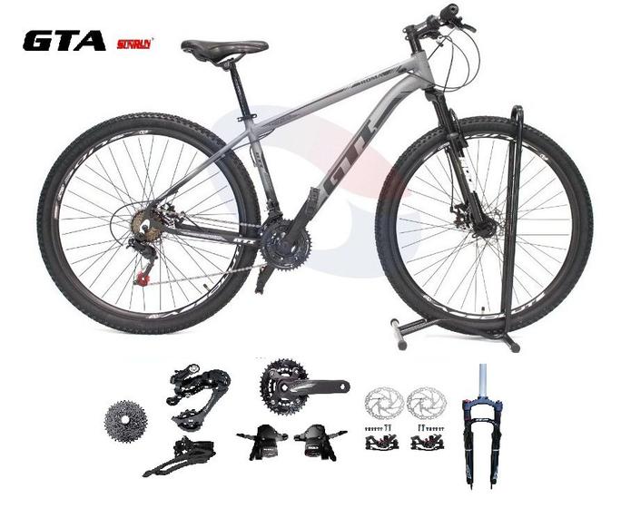 Imagem de Bicicleta Aro 29 GTI Roma Kit 2x9 Gta Sunrun Freio Disco K7 11/36 Pedivela 24/38d Garfo com Trava - Cinza/Preto