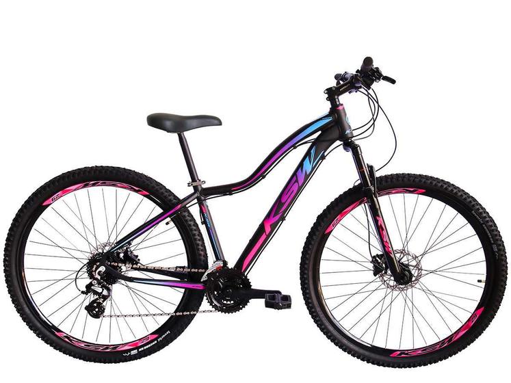 Imagem de Bicicleta Aro 29 KSW MWZA 2020 Feminino 21v Freio a Disco Cor:Preto+Rosa+AzulTamanho:17