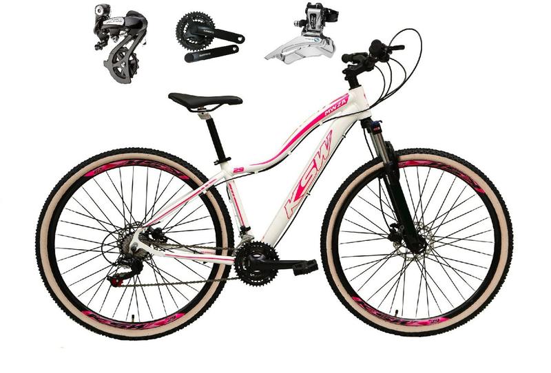 Imagem de Bicicleta aro 29 Ksw Mwza Shimano Altus 24V Freio a Disco Hidráulico Garfo com Trava com Pneu Faixa Bege - Branco/Rosa